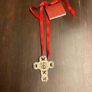 Lenox Cream and gold Cross pin or ornament with Red Ribbon